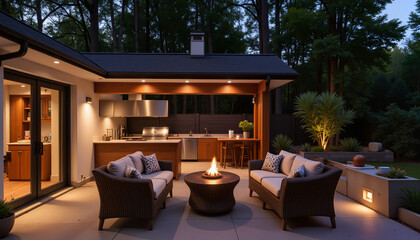 Fototapeta premium Modern outdoor patio with fire pit, seating area, and kitchen in evening ambiance
