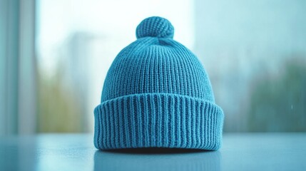A blue knit hat with a pom pom on top sits on a table