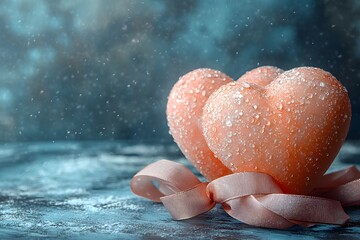 Fototapeta premium Romantic Hearts with Dew and Ribbon for Valentine's Day Decoration and Gift Design