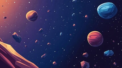 Blue Space Background with Planets and Asteroids - Cosmic Scene for Creative Projects