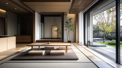 Fototapeta premium A small, clean, and simple room with a wooden floor and a wooden table