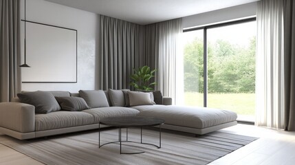 A living room with a large couch, a coffee table, and a potted plant