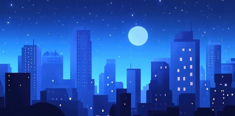 Fototapeta premium A stylized cityscape under a starry night sky with a moon