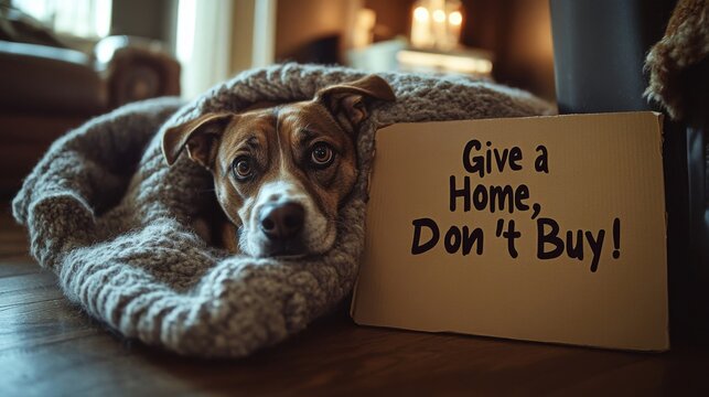 Cozy Dog Advocating for Pet Adoption with a Heartfelt Message