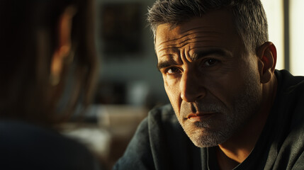 Man looking at someone with admiration, loving expression, cinematic contrast, hyper-realistic details 