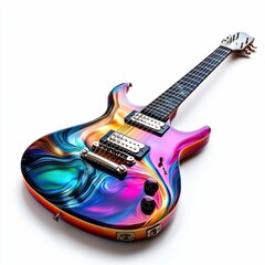 Obraz premium Close-up of an electric guitar with a psychedelic, brightly painted body on white backdrop.