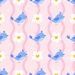 Adorable springtime vector seamless pattern with sparrows, chamomile flowers, and gentle wavy accents, in pastel tones, ideal for textile designs, holiday celebrations, and soft baby clothing