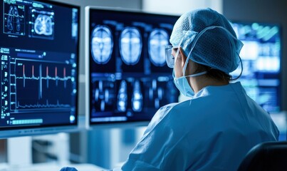 A medical professional analyzes patient scans on high-tech monitors, ensuring precision in a clinical environment.