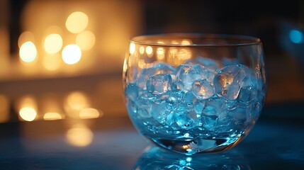 Glowing Ambiance: Elegant Ice Glass on Illuminated Bar for Atmosphere-Focused Concepts