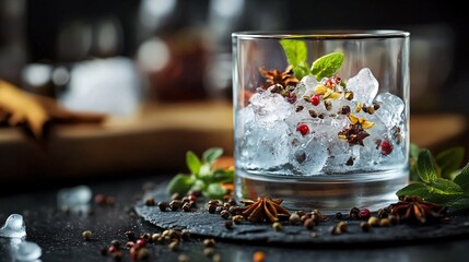 Exotic Frozen Spices Encased in Ice: Culinary Delight in Glass Display