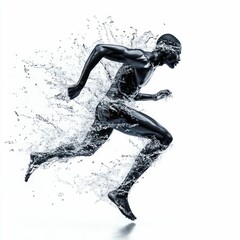 Naklejka premium Sprinter in Motion Composed of Dynamic Water Droplets Isolated on White