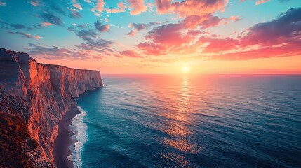 Majestic cliff rising above the ocean with dramatic landscape and blue sky in the background