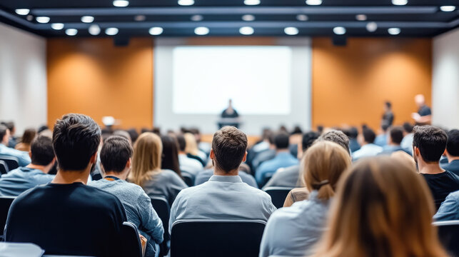 An attentive audience is captured during a business lecture, emphasizing the importance of knowledge sharing and professional development.