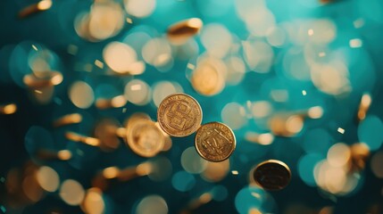 Glimmering Gold Coins Falling Against a Vibrant Bokeh Background