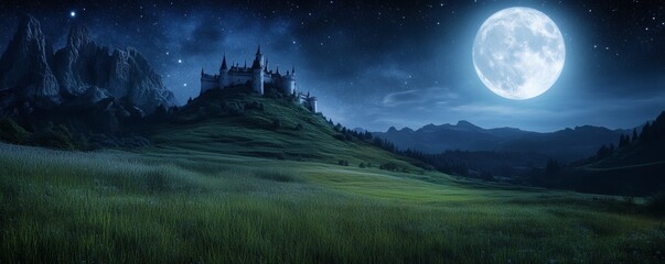 A majestic castle resides atop a hill under a starry night sky