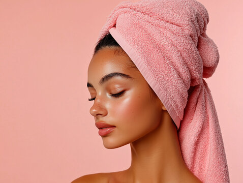 woman with light pink towel wrapped around her head poses against soft pink background, showcasing her glowing skin and serene expression