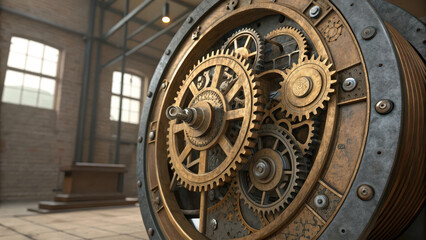Fototapeta premium Steampunk inspired mechanical core with brass gears and intricate design, showcasing blend of vintage aesthetics and engineering marvels in spacious industrial setting