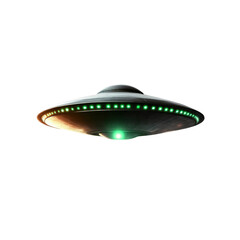A flying saucer-shaped UFO hovered in the air, illuminated by green light, showing a smooth metal surface against a transparent background.