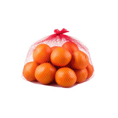 Red mesh bag contains fresh oranges, showcasing their vibrant color and freshness, ideal for healthy eating promotions and recipes.