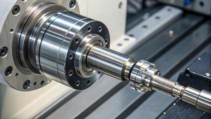 Precision machined robotic joint with metallic texture, showcasing intricate engineering and advanced manufacturing techniques. This highlights details of mechanical component