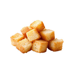Toasted bread cubes sit on a transparent background, ready for serving in soups, salads, or as delicious snacks.