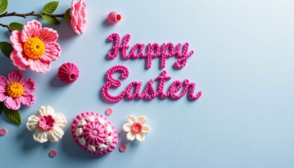 Crochet "Happy Easter" Text with Flowers on Blue
