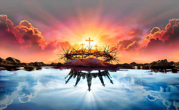 Resurrection - Wreath Of Thorns With Passion And Crucifixion On Hill - King Crown With Glory In Heaven - Metaphor