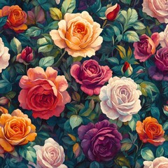 Colorful Blooming Roses in a Lush Vibrant Garden Background