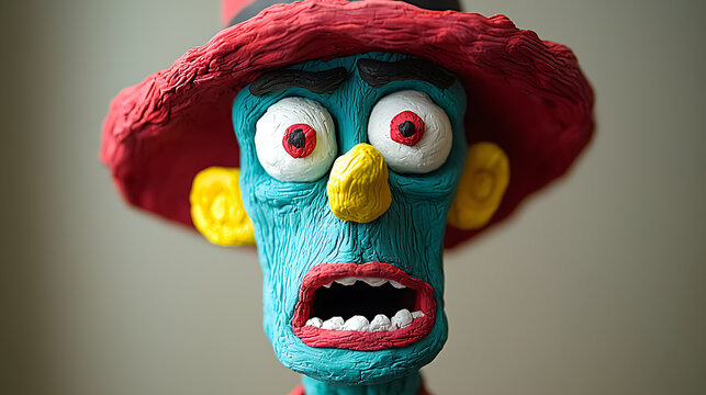 Wide-eyed claymation figure in a red hat with a surprised expression yellow details and a turquoise face.