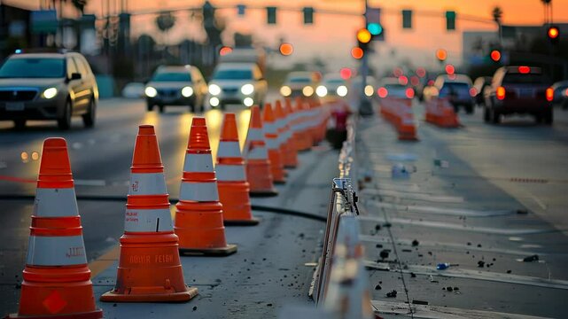 Busy urban street is under construction with orange cones lining the road as the sun sets, casting a warm glow on the scene