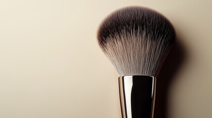 A luxurious makeup brush with a black and gold handle and soft, dark bristles, set against a neutral beige background. Sophisticated tool.