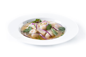 Traditional Peruvian ceviche sea bass fillet isolated on white background