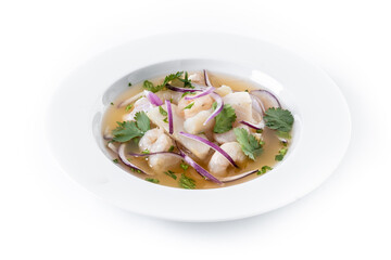 Traditional Peruvian ceviche sea bass fillet isolated on white background
