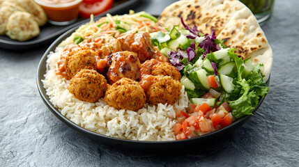 Delicious Falafel Rice Bowl with Fresh Salad and Flatbread