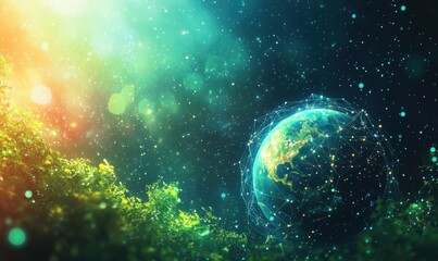 Earth's digital network seen from lush foliage, ideal for sustainability projects