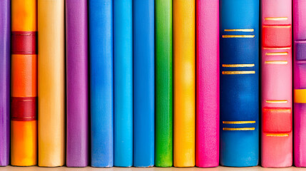Colorful and Vibrant Arrangement of Book Spines on a Shelf with Various Bright Colors Creating an Inviting Literary Atmosphere for Readers