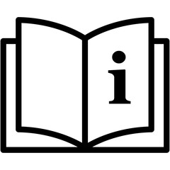 Open book black icon, one page displaying prominent information symbol with isolated background. Design symbolizes knowledge, guidance and access to data, often used in instructions.