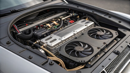 High tech engine component with exposed circuits and cooling fans, showcasing intricate design and advanced engineering. glimpse into automotive innovation and performance