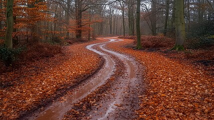 Obraz premium Winding forest road in autumn, covered in mud and fallen leaves, serene, suitable for nature, travel, or tourism brochures
