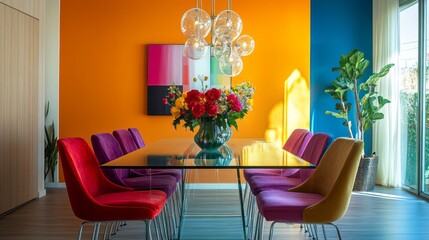 A sleek glass table is surrounded by upholstered chairs in vibrant hues, enhancing the modern dining area with a colorful accent wall. A stunning light fixture adds elegance to the space
