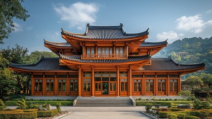 Obraz premium Traditional Asian wooden temple architecture with tiered roof, surrounded by manicured gardens under a clear sky.