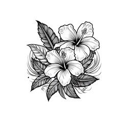 Tattoo Vorlage Frangipani und Hibiskus Blumen schwarz-weiss	