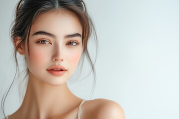 Naklejka premium Close-up portrait of a woman with brown hair and eyes. She has soft, peachy skin and a gentle expression against a light backdrop.