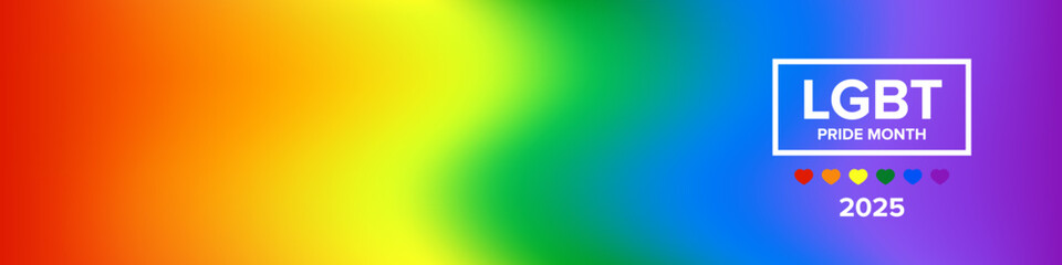 LGBT Pride Month 2025 Rainbow Gradient Banner with Heart Icons, Celebrating Diversity and Unity in the LGBTQ Community