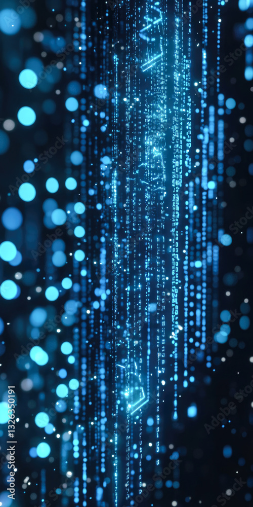 Wall mural futuristic blue digital matrix with glowing binary code and geometric shapes