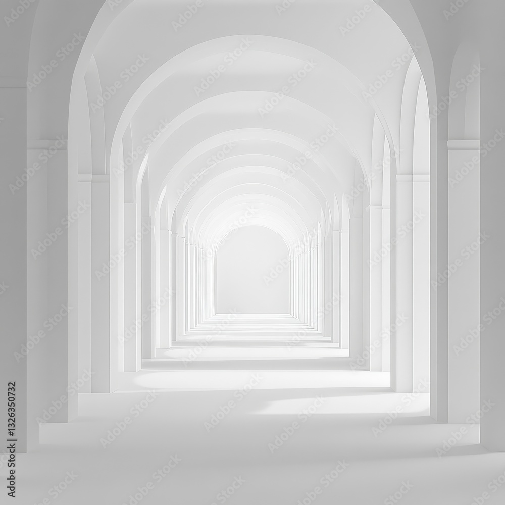 Poster A Serene Perspective: Endless White Arches Lead to a Distant Light, Creating a Minimalist Architectural Dreamscape