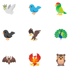 set of birds on white background 