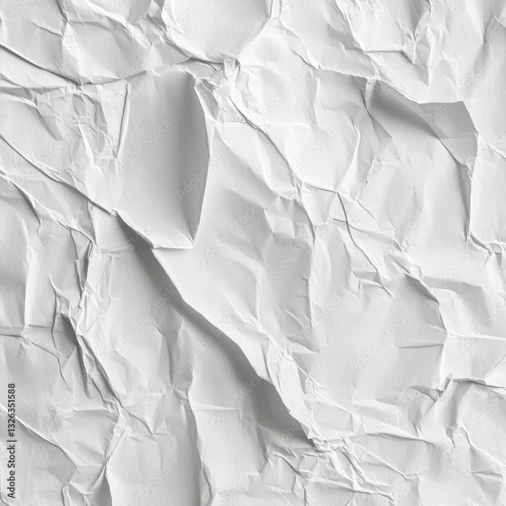 Poster crumpled white paper texture background: close-up of a creased, wrinkled sheet for abstract art and 