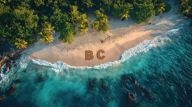 Aerial view of BC letters on tropical beach.