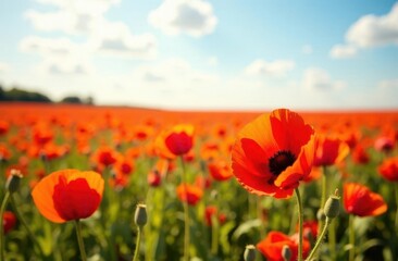 Vibrant poppy field under a clear blue sky in early summer sunlight
